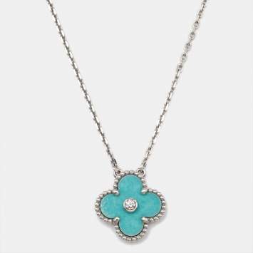 Pre Owned Van Cleef & Arpels Vintage Alhambra Limited Edition Holiday 2022 Celadon Sevres Porcelain Diamond 18k White Gold Necklace