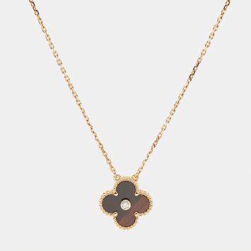 Pre Owned Van Cleef & Arpels Vintage Alhambra Limited Edition 2017 Bulls Eye Brown Stone and Diamond 18K Rose Gold Holiday Pendant Necklace