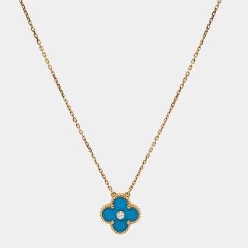 Pre Owned Van Cleef & Arpels Vintage Alhambra Limited Edition 2019 Blue Porcelain Diamond 18k Yellow Gold Holiday Pendant Necklace
