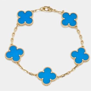 Pre Owned Van Cleef & Arpels Vintage Alhambra Agate 18k Yellow Gold 5 Motif Bracelet