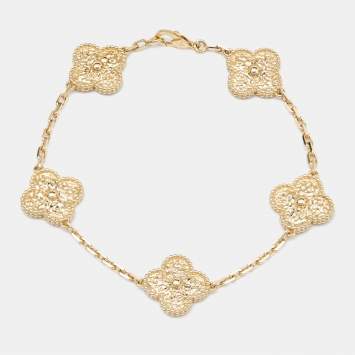 Pre Owned Van Cleef & Arpels Vintage Alhambra Hammered 18k Yellow Gold 5 Motif Station Bracelet