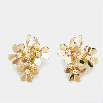 Pre Owned Van Cleef & Arpels Frivole 3 Flowers Diamond 18k Yellow Gold Mini Model Earrings