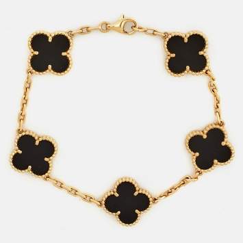 Pre Owned Van Cleef & Arpels Vintage Alhambra Onyx 18k Yellow Gold 5 Motif Station Bracelet