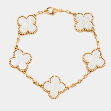 Pre Owned Van Cleef & Arpels Vintage Alhambra Mother of Pearl 18k Yellow Gold 5 Motif Station Bracelet