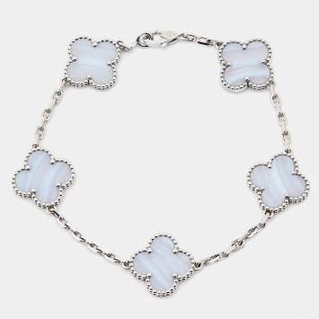 Pre Owned Van Cleef & Arpels Vintage Alhambra Chalcedony 18K White Gold 5 Motif Station Bracelet