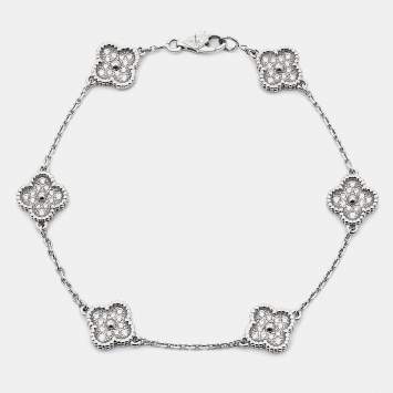 Pre Owned Van Cleef & Arpels Sweet Alhambra Diamond 18k White Gold 6 Motif Station Bracelet
