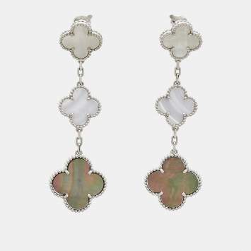 Pre Owned Van Cleef & Arpels Magic Alhambra Mother of Pearl Chalcedony 18K White Gold 3 Motif Long Earrings