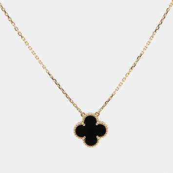 Pre Owned Van Cleef & Arpels Vintage Alhambra Onyx 18k Yellow Gold Necklace