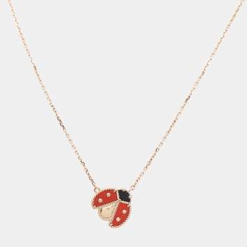 Pre Owned Van Cleef & Arpels Lucky Spring Open Wings Ladybug Carnelian Onyx 18k Rose Gold Necklace