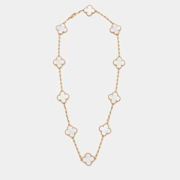 Pre Owned Van Cleef & Arpels Vintage Alhambra Mother of Pearl 10 Motif 18k Yellow Gold Necklace