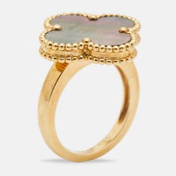 Pre Owned Van Cleef & Arpels Magic Alhambra Grey Mother of Pearl 18k Yellow Gold Ring Size 54