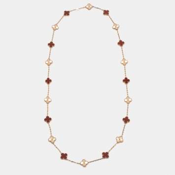 Pre Owned Van Cleef & Arpels Vintage Alhambra Carnelian 18k Rose Gold 20 Motif Station Necklace