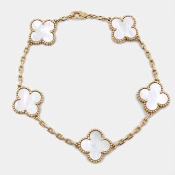 Pre Owned Van Cleef & Arpels Vintage Alhambra Mother of Pearl 18k Yellow Gold 5 Motif Station Bracelet