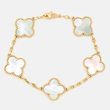 Pre Owned Van Cleef & Arpels Vintage Alhambra Mother of Pearl 18k Yellow Gold 5 Motif Station Bracelet