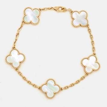 Pre Owned Van Cleef & Arpels Vintage Alhambra Mother of Pearl 18k Yellow Gold 5 Motif Station Bracelet