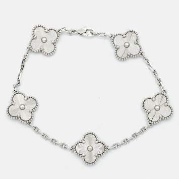 Pre Owned Van Cleef & Arpels Vintage Alhambra Guilloché 18k White 5 Motif Station Bracelet