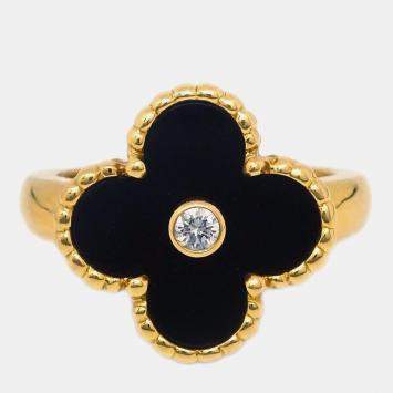 Pre Owned Van Cleef & Arpels Alhambra Diamond Onyx 18K Yellow Gold Ring EU 49