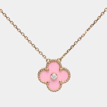 Pre Owned Van Cleef & Arpels Vintage Alhambra Diamond Pink Inlay 18K Rose Gold Pendant Necklace