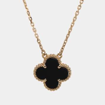 Pre Owned Van Cleef & Arpels Vintage Alhambra Onyx 18k Yellow Gold Necklace