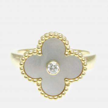Pre Owned Van Cleef & Arpels  18K Yellow Gold Diamond Mother of Pearl Vintage Alhambra Ring EU 51