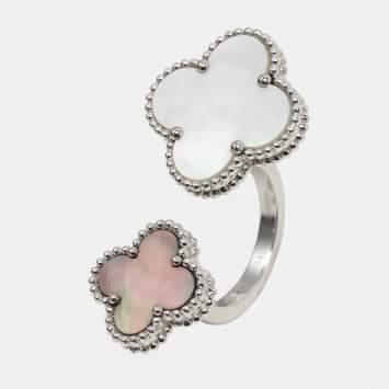 Pre Owned Van Cleef & Arpels Magic Alhambra Between The Finger Mother of Pearl 18k White Gold Ring Size 54