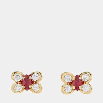 Van Cleef & Arpels 18K Yellow Gold Ruby & Diamond Butterfly Earrings 
