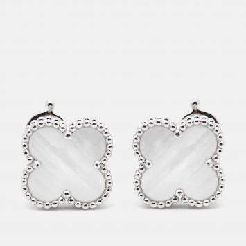 Pre Owned Van Cleef & Arpels Vintage Alhambra Mother of Pearl 18k White Gold Earrings