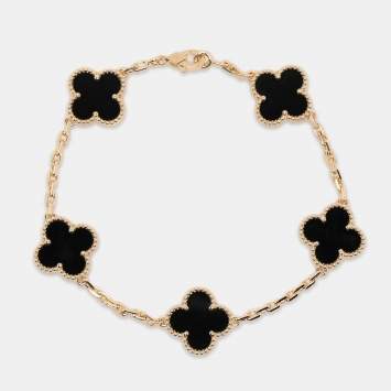Pre Owned Van Cleef & Arpels Vintage Alhambra Onyx 18k Yellow Gold 5 Motif Bracelet