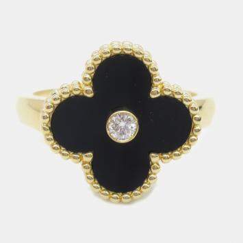 Pre Owned Van Cleef & Arpels Vintage Alhambra 18K Yellow Gold, Diamond, Onyx Ring EU 50.5