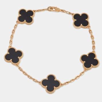 Van Cleef & Arpels Vintage Alhambra Onyx 18k Yellow Gold 5 Motif Station Bracelet