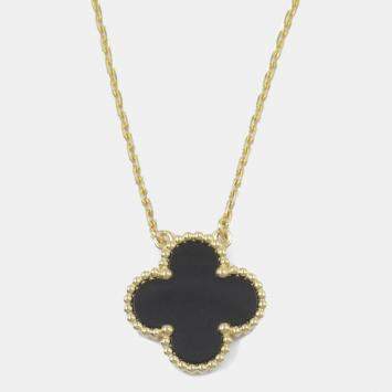 Van Cleef & Arpels 18K Yellow Gold Black Onyx Single Motif Vintage Alhambra Necklace