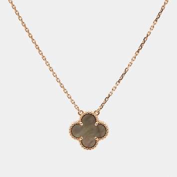 Pre Owned Van Cleef & Arpels Vintage Alhambra Grey Mother of Pearl 18k Rose Gold Necklace