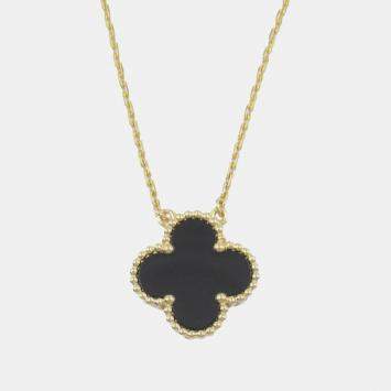 Van Cleef & Arpels 18K Yellow Gold and Onyx Vintage Alhambra Pendant Necklace