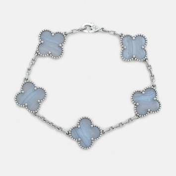 Pre Owned Van Cleef & Arpels Vintage Alhambra Chalcedony 18K White Gold 5 Motif Station Bracelet