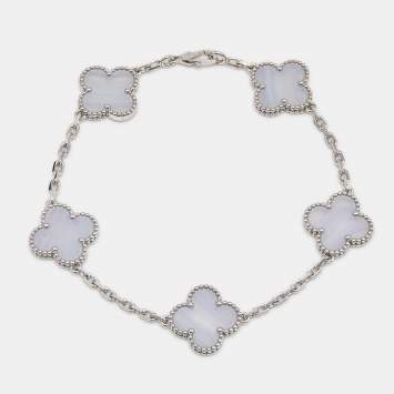 Van Cleef & Arpels Vintage Alhambra Chalcedony 5 Motif 18k White Gold Station Bracelet