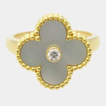 Van Cleef & Arpels Vintage Alhambra Yellow Gold, Diamond, Mother of Pearl Ring EU 54