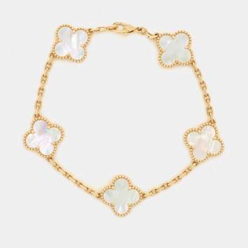 Pre Owned Van Cleef & Arpels Vintage Alhambra Mother Of Pearl 18k Yellow Gold 5 Motif Bracelet