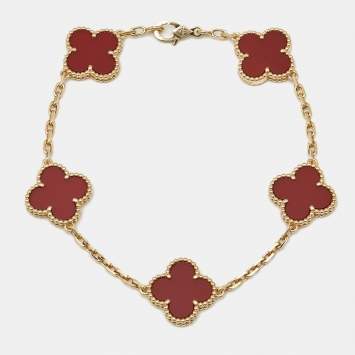Pre Owned Van Cleef & Arpels Vintage Alhambra Carnelian 18k Yellow Gold 5 Motif Station Bracelet