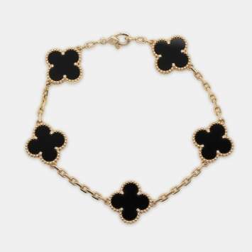 Pre Owned Van Cleef & Arpels Vintage Alhambra Onyx 18k Yellow Gold 5 Motif Station Bracelet