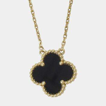 Pre Owned Van Cleef & Arpels Vintage Alhambra 18K Yellow Gold Onyx Necklace 