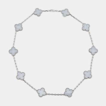 Pre Owned Van Cleef & Arpels Vintage Alhambra Chalcedony 18k White Gold 10 Motif Station Necklace
