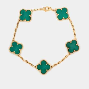 Pre Owned Van Cleef & Arpels Vintage Alhambra Malachite 18k Yellow Gold 5 Motif Bracelet