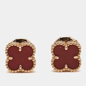 Van Cleef & Arpels Sweet Alhambra Carnelian 18k Rose Gold Stud Earrings