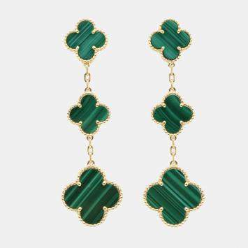 Van Cleef & Arpels 18K Yellow Gold and Malachite Magic Alhambra 3 Motif Earrings