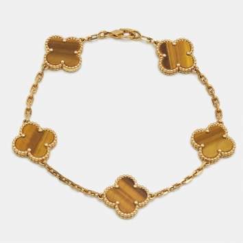 Van Cleef & Arpels Vintage Alhambra Tiger's Eye 18k Yellow Gold 5 Motif Station Bracelet