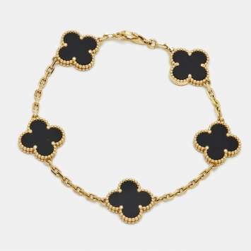 Van Cleef & Arpels Vintage Alhambra Onyx 18k Yellow Gold 5 Motif Station Bracelet