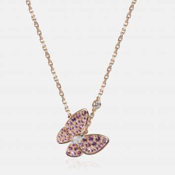 Van Cleef & Arpels Two Butterfly 18K Rose Gold with Pink Sapphires and Diamonds Pendant Necklace 