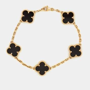 Van Cleef & Arpels Vintage Alhambra Onyx 18k Yellow Gold 5 Motif Station Bracelet