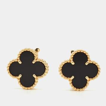 Van Cleef & Arpels Vintage Alhambra Onyx 18k Yellow Gold Earrings