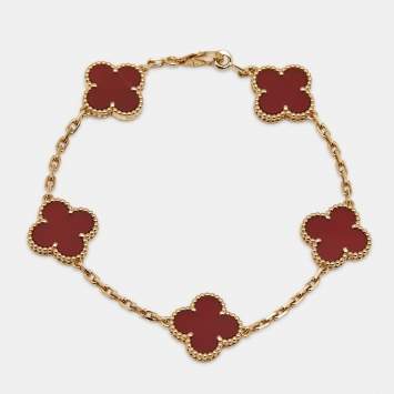 Pre Owned Van Cleef & Arpels Vintage Alhambra Carnelian 18k Yellow Gold 5 Motif Station Bracelet